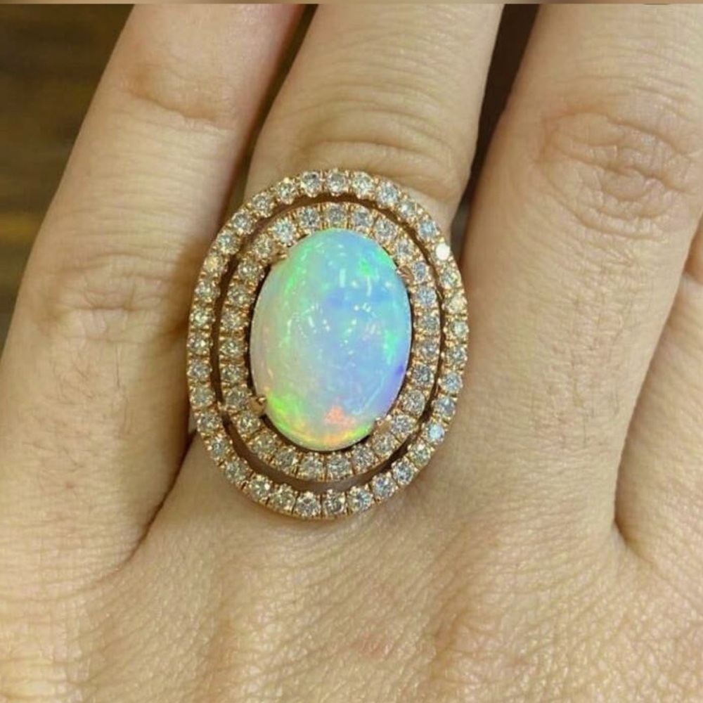 Fire Opal, Lab Created, Cubic Zirconia, Double Halo, Oval Cut Estate Ring, Sz 7